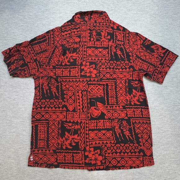 Panama Jack Mens Sz L Red Geometric Hawaiian Shirt Short Sleeve Hula Girl Rayon - Picture 2 of 13
